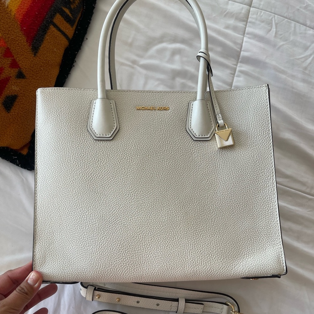 Michael Kors Mercer White Leather Tote with Gold Accents